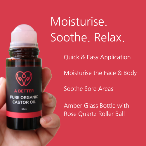 Pure Organic Castor Oil Roll-On 50mL - Amber Glass Bottle Rose Quartz Roller
