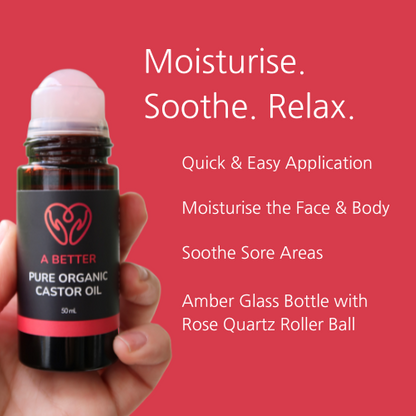 Pure Organic Castor Oil Roll-On 50mL - Amber Glass Bottle Rose Quartz Roller